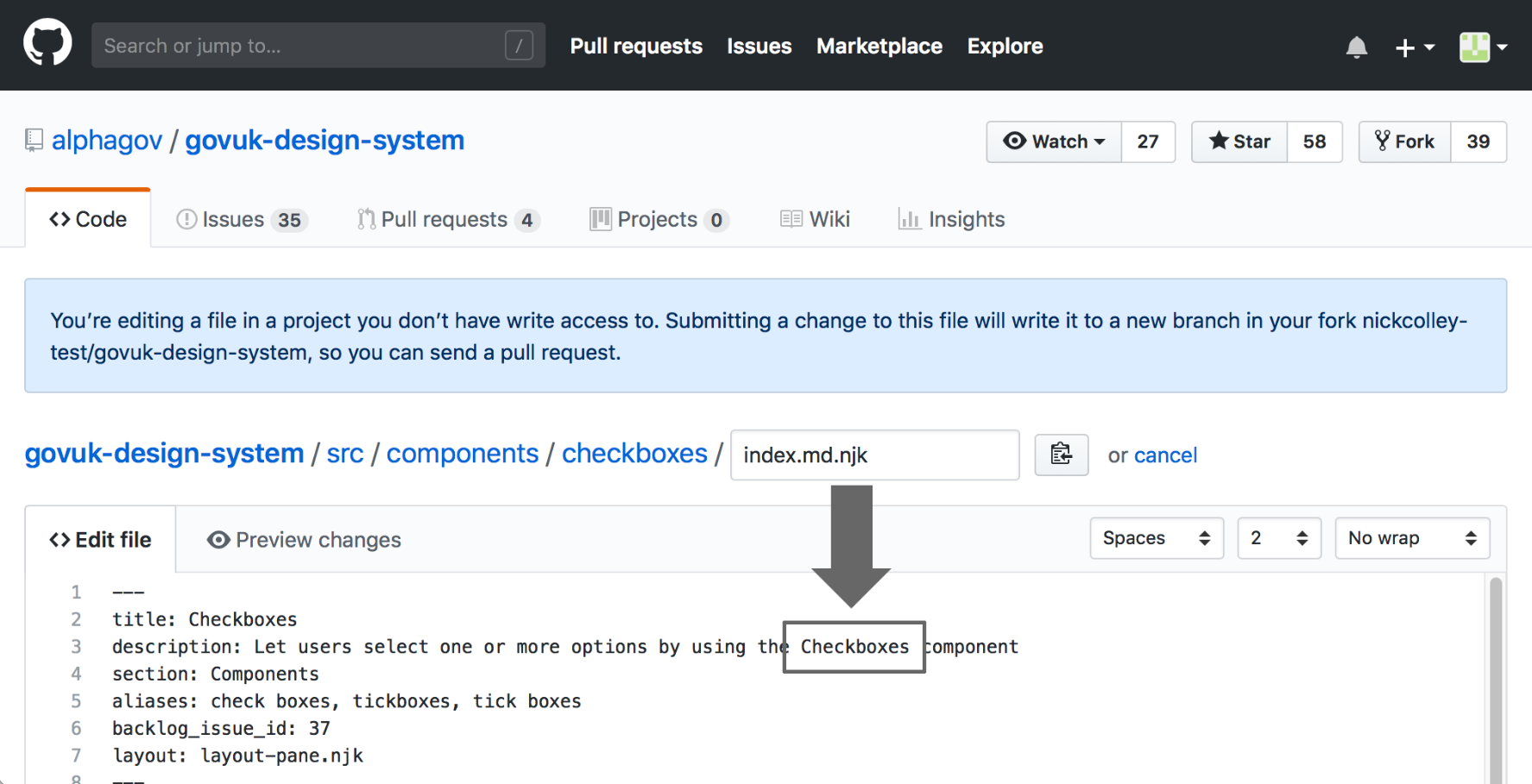 The checkboxes description in the file in GitHub with an uppercase C in the word checkboxes