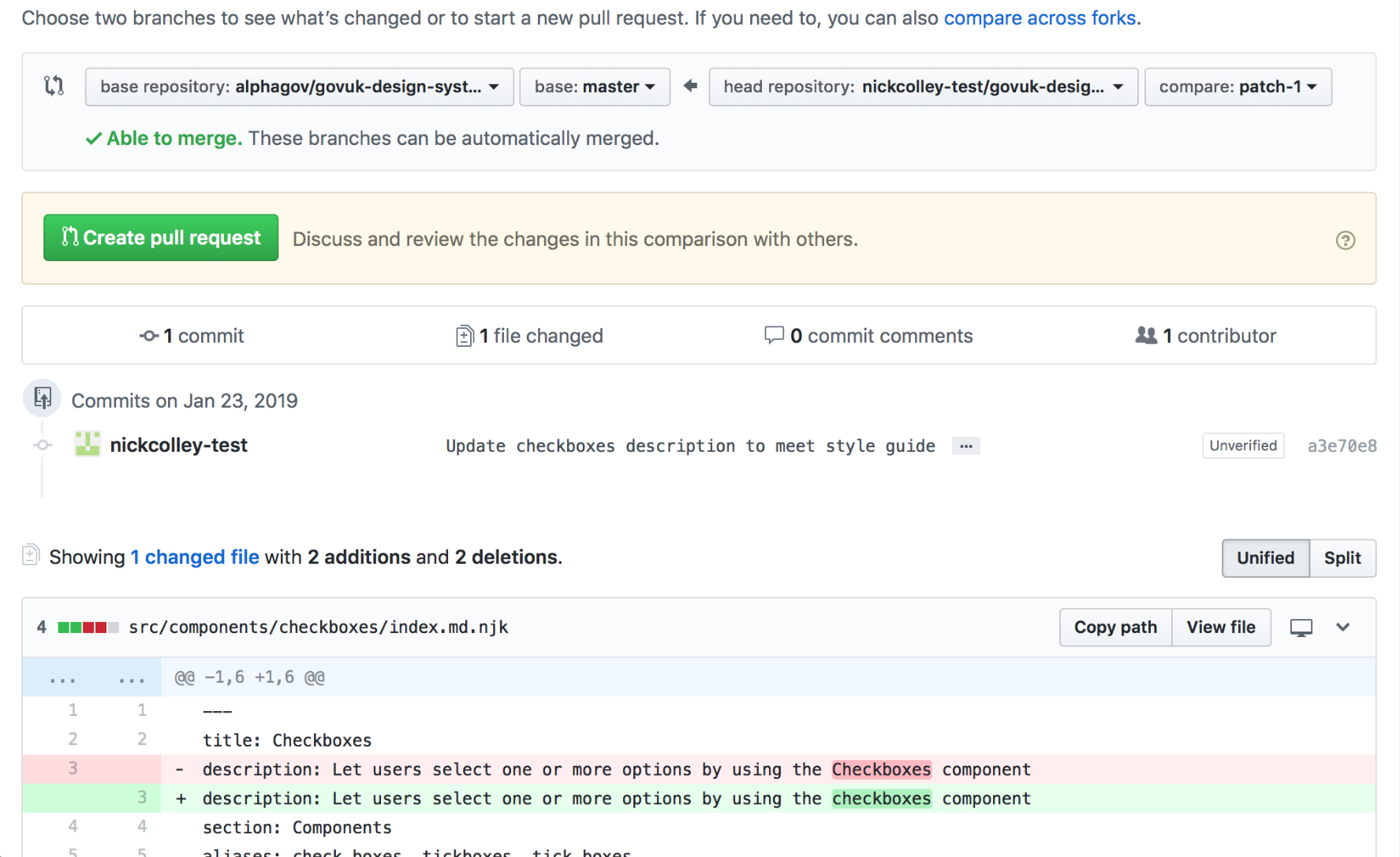 Create pull request view in GitHub showing a before and after view of the file you have changed and a button labelled create pull request.