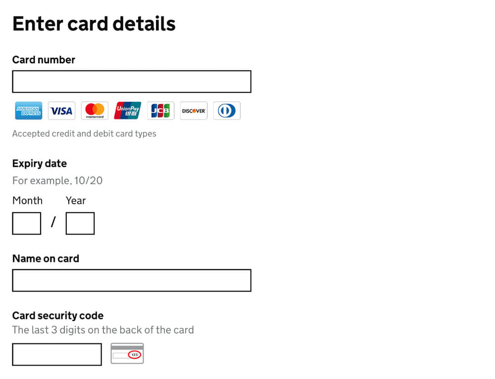 A form entitled enter card details which asks for a card number, an expiry date, a name on the card and the card security code.